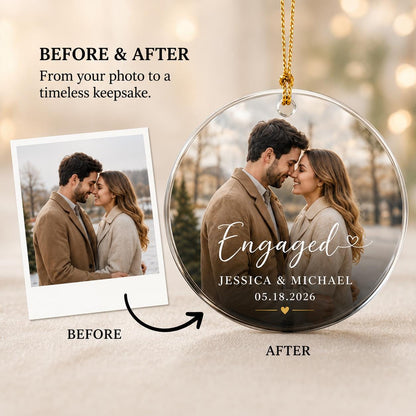 Personalized Engagement Photo Ornament, Custom Photo Glass Ornament, First Christmas Engaged Gift for Couple, Newly Engaged Picture Keepsake - product image 3