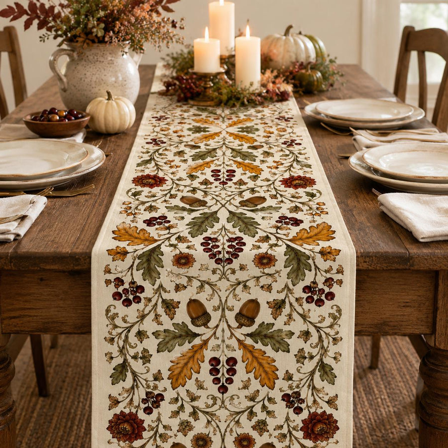 Autumn Oak Leaf Table Runner, Acorn Berry Floral Runner, Vintage Thanksgiving Decor, Cottagecore Fall Runner - main product image