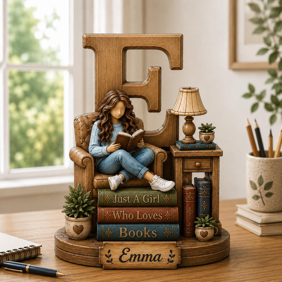 Personalized Wooden Book Lover Figurine, Custom Initial Letter & Name Block, Reader Shelf Decor, Library Decoration, Book Lover Gift - main product image