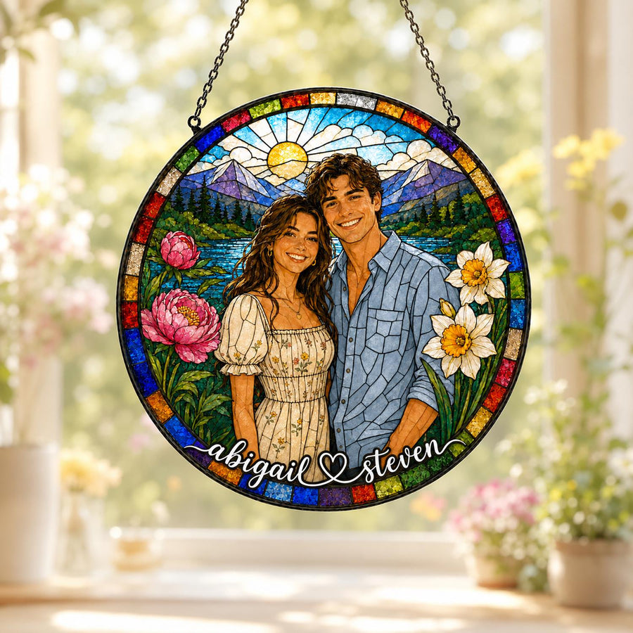 Custom Photo Suncatcher, Personalized Stained Glass Window Hanging, Couple Portrait Gift, Photo to Glass Art, Unique Picture Keepsake - main product image