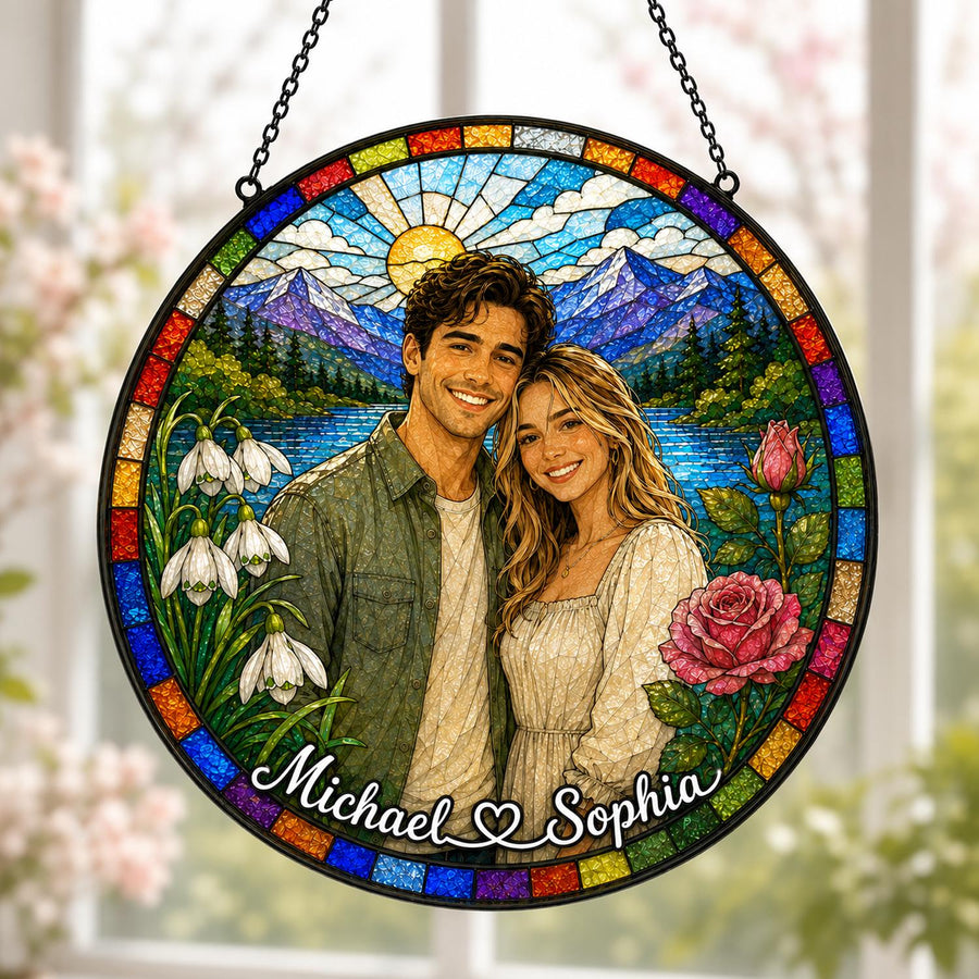 Custom Photo Suncatcher, Personalized Stained Glass Window Hanging, Couple Portrait Gift, Photo to Glass Art, Unique Picture Keepsake - main product image