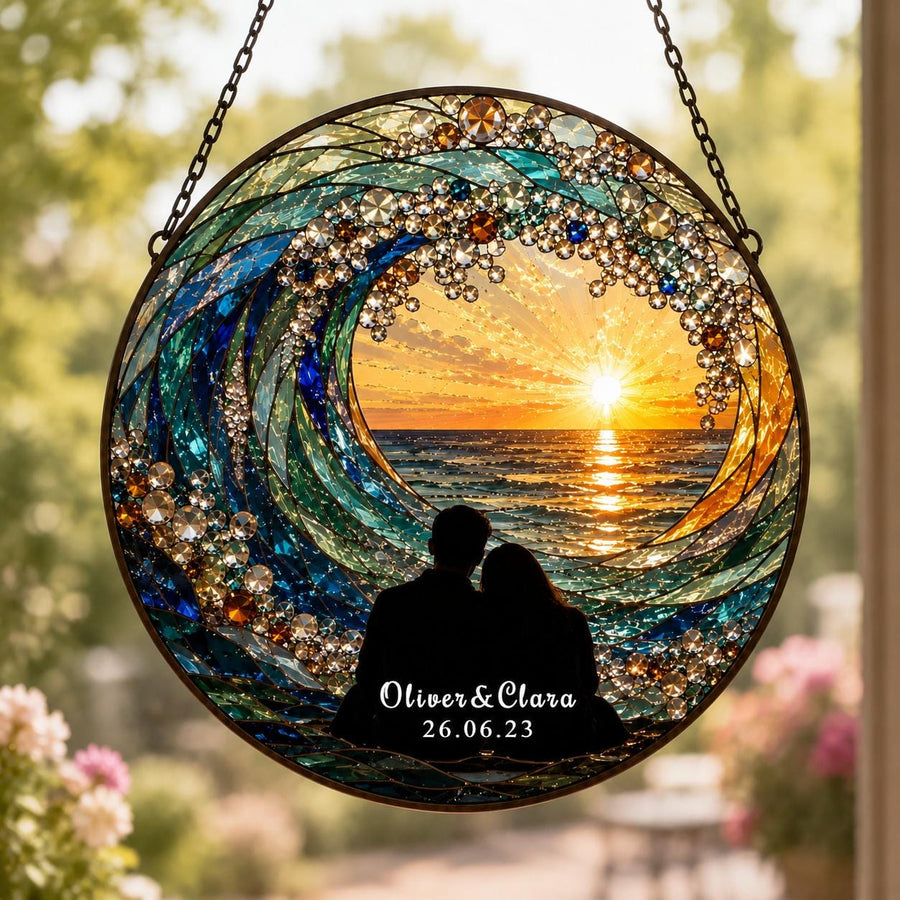 Custom Glass Sunset Suncatcher, Stained Glass Ocean Couple Metal Frame Window Decor, Handmade Personalized Gift - main product image
