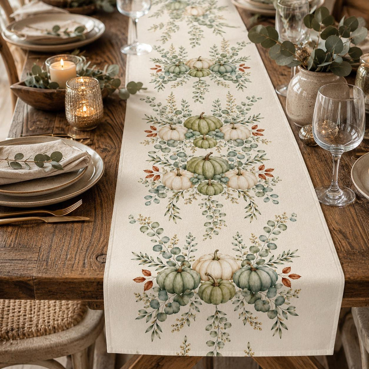 Sage Green Pumpkin Table Runner, Fall Eucalyptus Botanical Runner, Neutral Thanksgiving Decor, Farmhouse Cottagecore Table Decor - product image 5