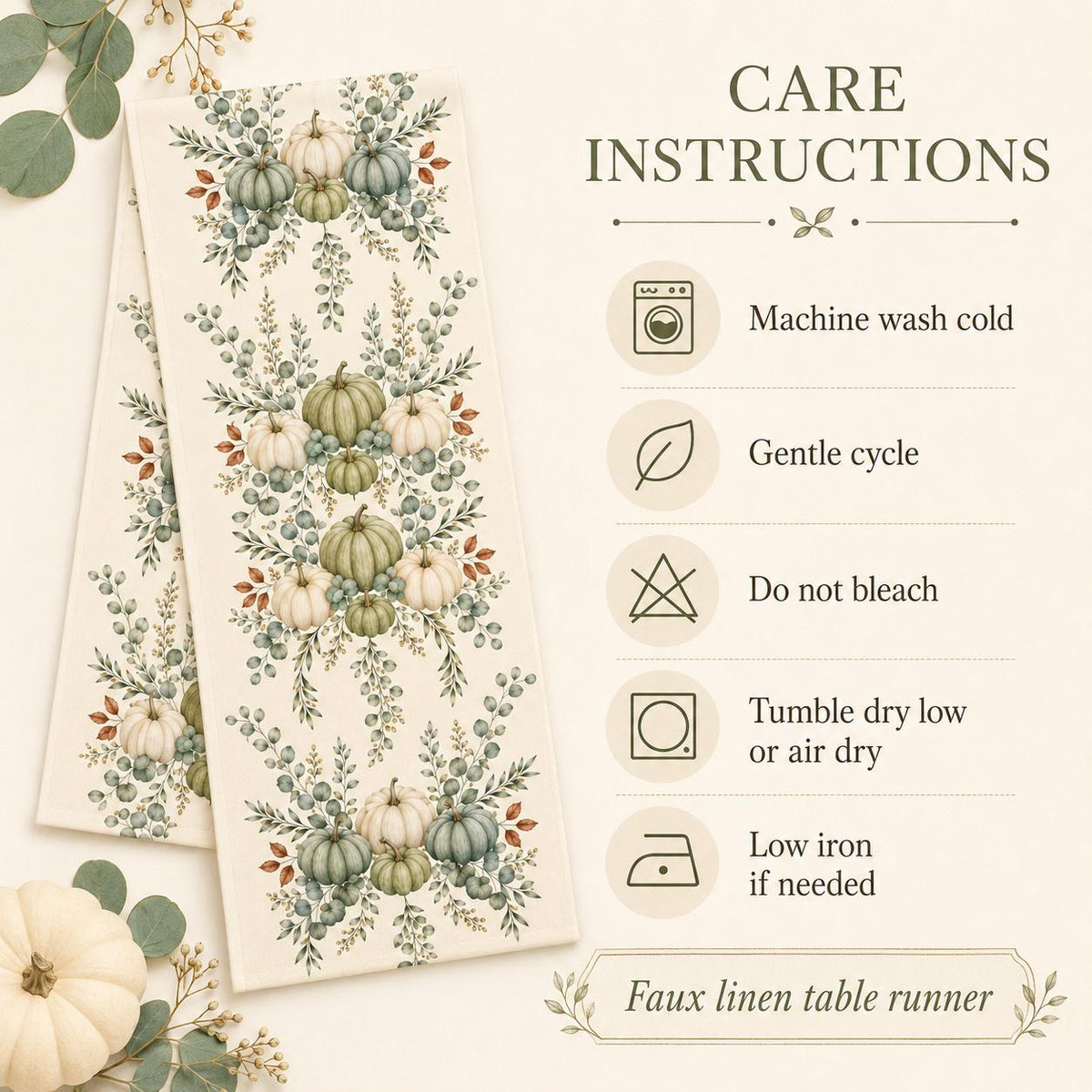 Sage Green Pumpkin Table Runner, Fall Eucalyptus Botanical Runner, Neutral Thanksgiving Decor, Farmhouse Cottagecore Table Decor - product image 11