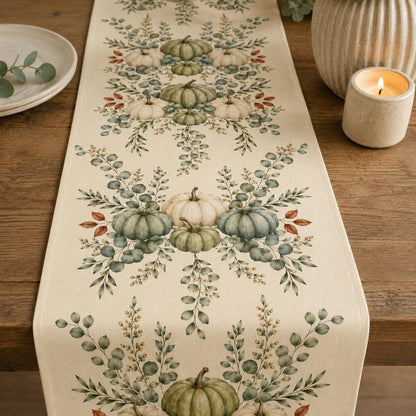 Sage Green Pumpkin Table Runner, Fall Eucalyptus Botanical Runner, Neutral Thanksgiving Decor, Farmhouse Cottagecore Table Decor - product image 9