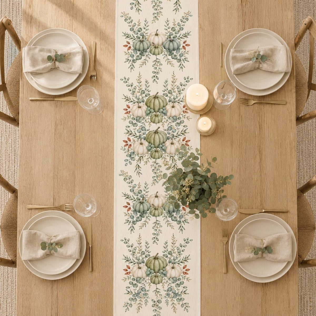Sage Green Pumpkin Table Runner, Fall Eucalyptus Botanical Runner, Neutral Thanksgiving Decor, Farmhouse Cottagecore Table Decor - product image 4