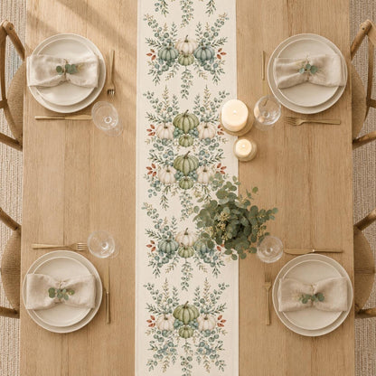 Sage Green Pumpkin Table Runner, Fall Eucalyptus Botanical Runner, Neutral Thanksgiving Decor, Farmhouse Cottagecore Table Decor - product image 4