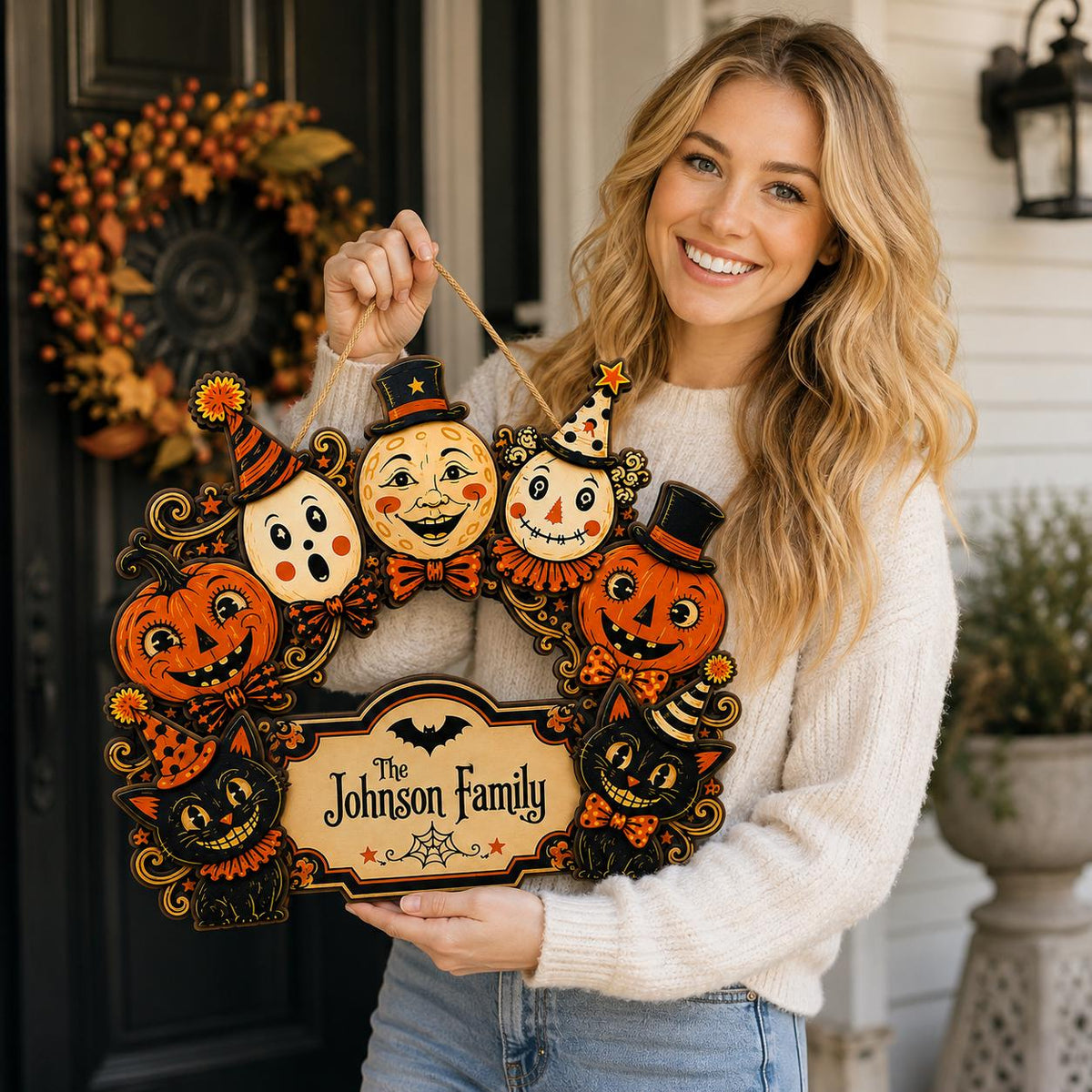 Personalized Halloween Door Sign, Custom Family Name Wooden Plaque, Vintage Jack O Lantern Black Cat Porch Decor, Halloween Front Door Sign - product image 3