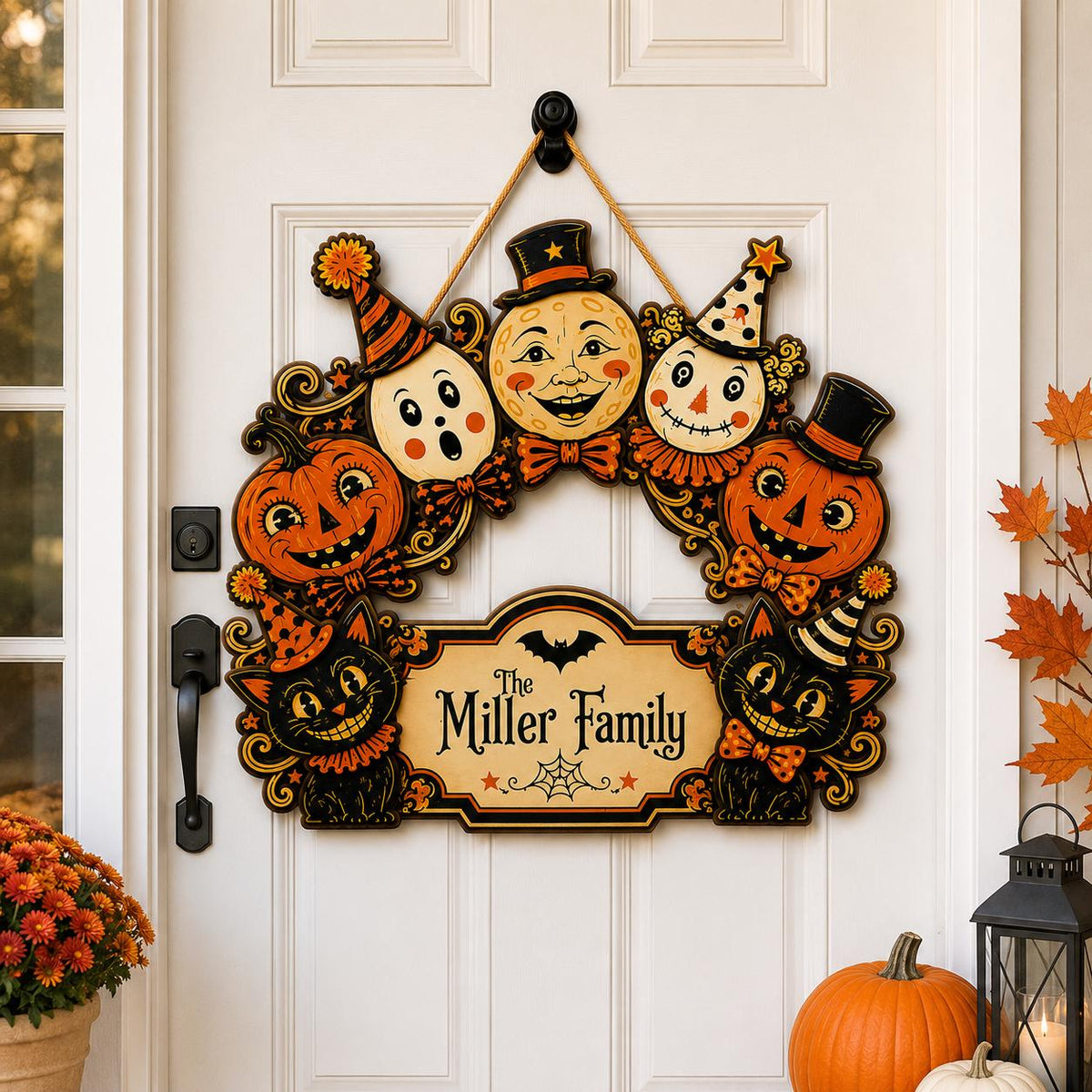 Personalized Halloween Door Sign, Custom Family Name Wooden Plaque, Vintage Jack O Lantern Black Cat Porch Decor, Halloween Front Door Sign - main product image