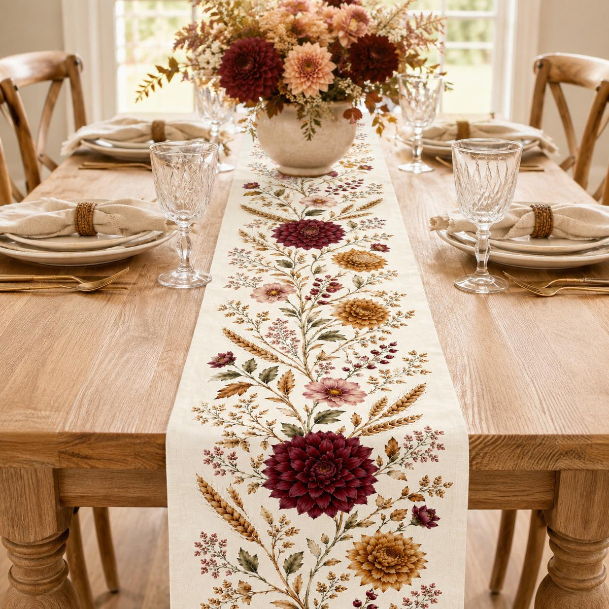 Burgundy Dahlia Table Runner, Vintage Fall Wheat Floral Runner, French Country Thanksgiving Decor - main product image