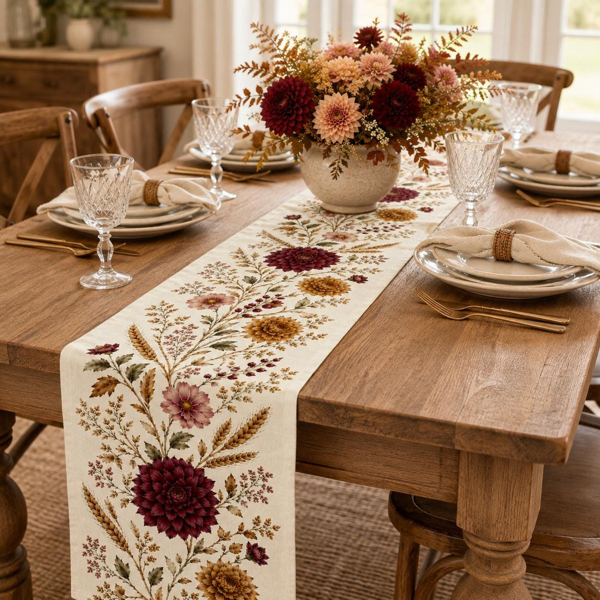Burgundy Dahlia Table Runner, Vintage Fall Wheat Floral Runner, French Country Thanksgiving Decor - product image 2