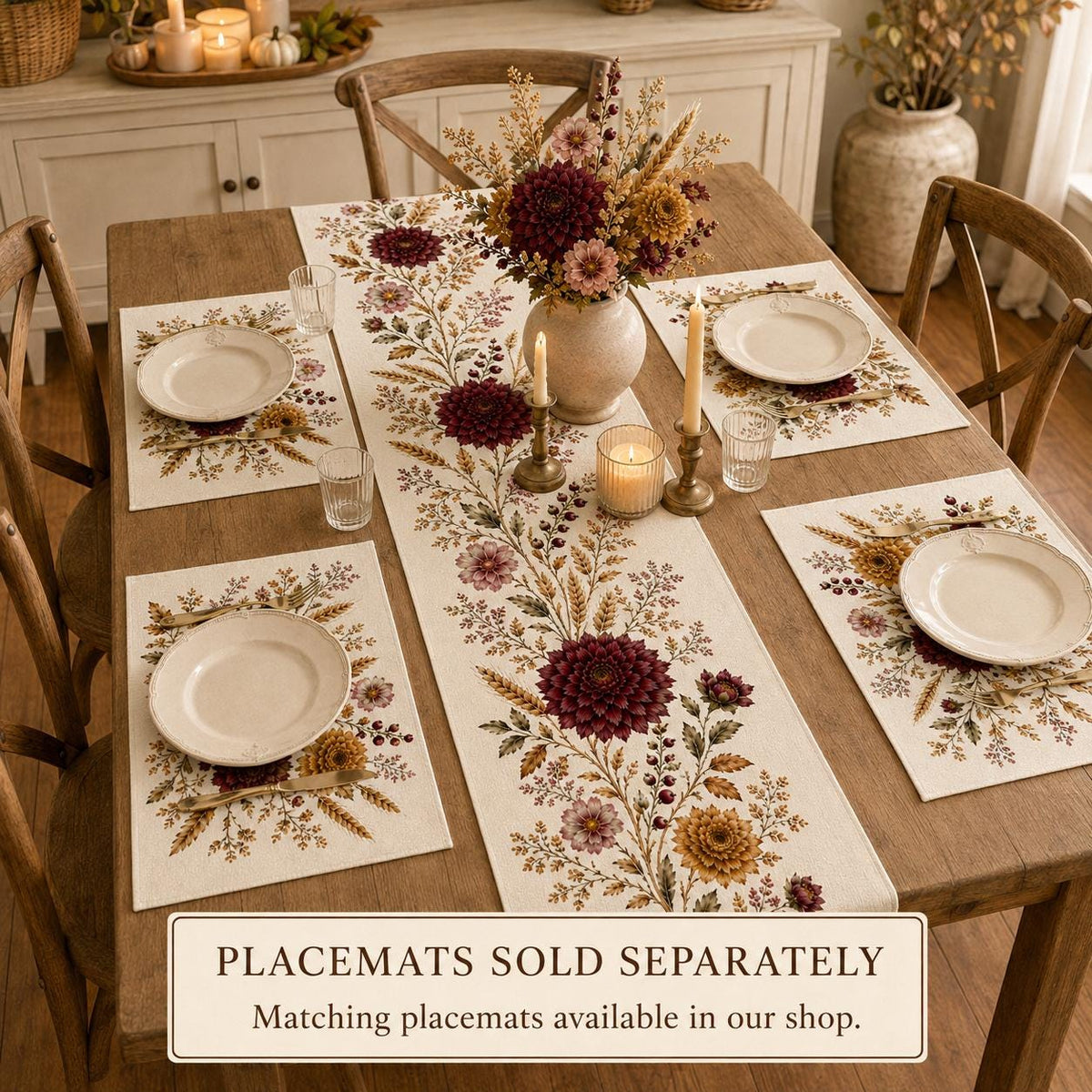 Burgundy Dahlia Table Runner, Vintage Fall Wheat Floral Runner, French Country Thanksgiving Decor - product image 6