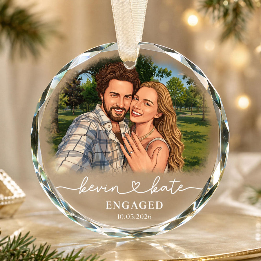 Personalized Engagement 2026 Christmas Glass Ornament, Custom Watercolor Portrait From Photo Engaged Ornament, Proposal Photo Ornament - main product image