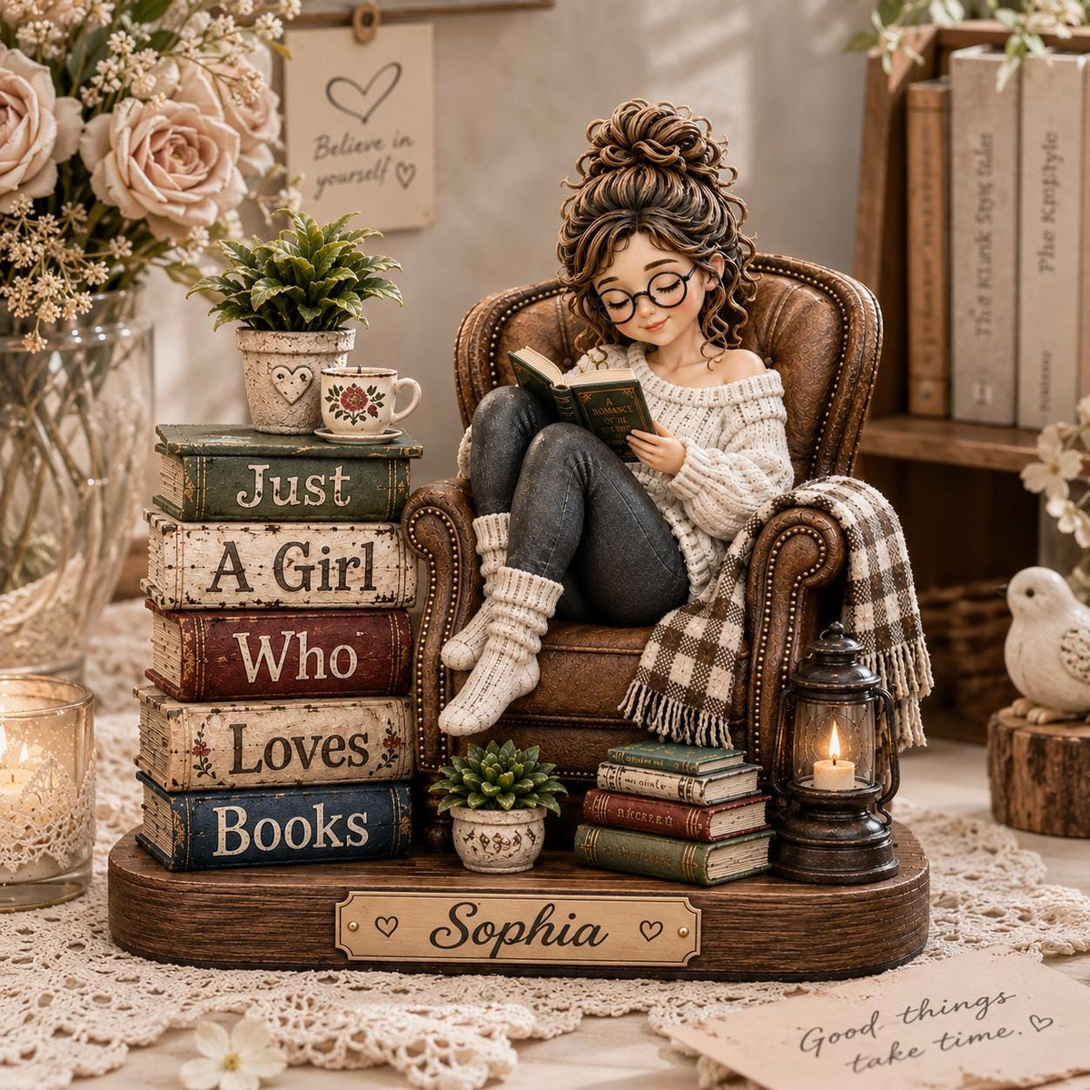 Book Lover Figurine, Reading Girl Statue, Custom Name Decor, Cute Reader Desk Art, Student Present, Daughter GIFT 2026, Coworker Item - main product image