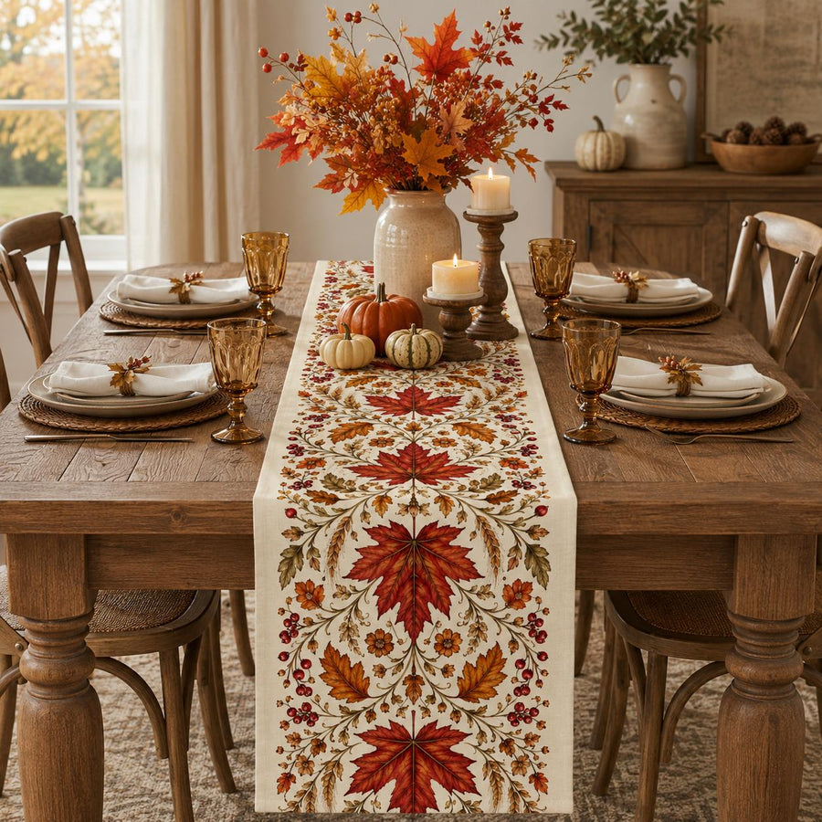 Autumn Maple Leaf Table Runner, Red Berry Botanical Runner, Vintage Thanksgiving Fall Decor, French Country Dining - main product image