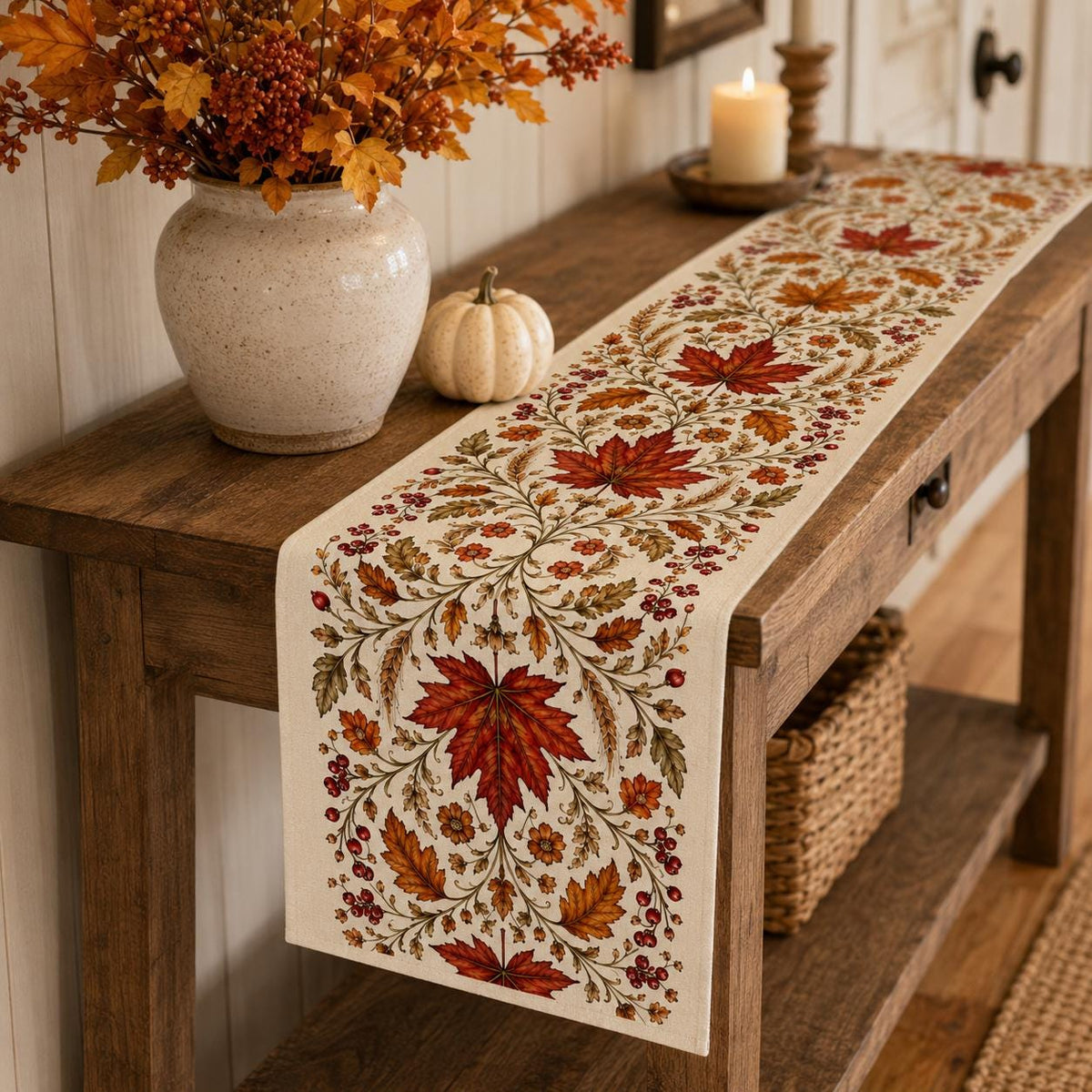 Autumn Maple Leaf Table Runner, Red Berry Botanical Runner, Vintage Thanksgiving Fall Decor, French Country Dining - product image 4