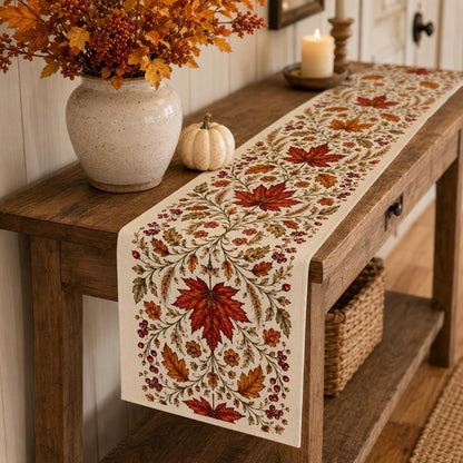 Autumn Maple Leaf Table Runner, Red Berry Botanical Runner, Vintage Thanksgiving Fall Decor, French Country Dining - product image 4