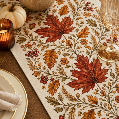 Autumn Maple Leaf Table Runner, Red Berry Botanical Runner, Vintage Thanksgiving Fall Decor, French Country Dining - product image 5