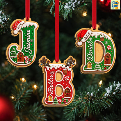Personalized Gingerbread Letter 2-Layered Wooden Ornament, Custom Kids Name Alphabet Ornament, Stocking Tag for Christmas, Grandkids Gifts - main product image