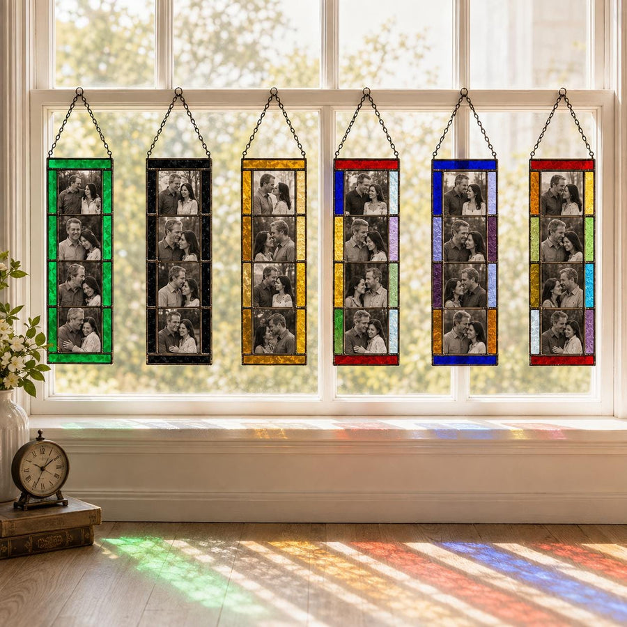Stained Glass Photo Strip Frame Suncatcher, Photobooth Picture Frame, Hanging Suncatcher Photo, Couples Anniversary Gift, Wedding Keepsake - main product image
