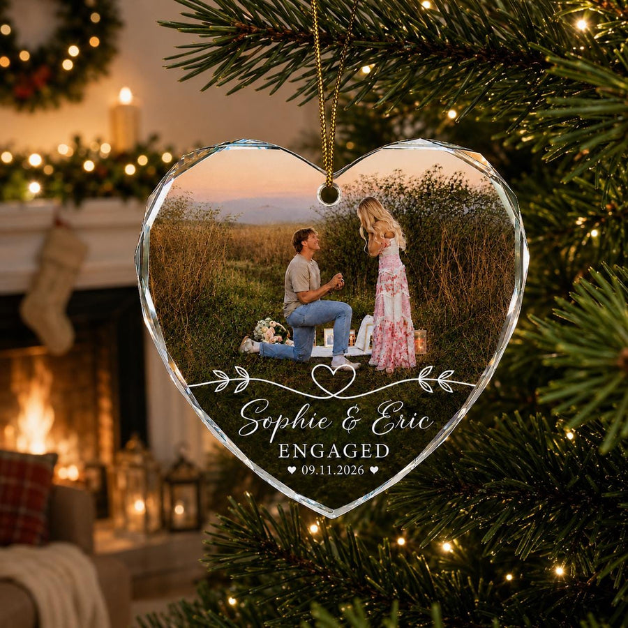 Personalized Engagement Photo Ornament, Custom Names and Date Keepsake, Newly Engaged Couple Christmas Ornament, Proposal Gift - main product image