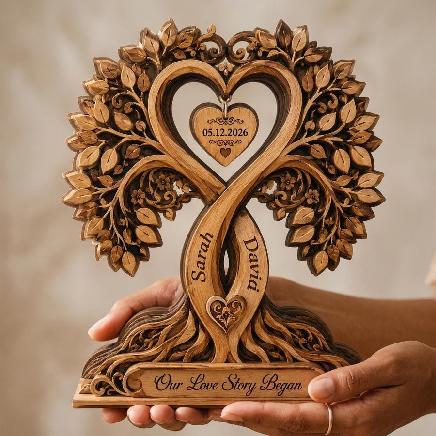Custom Infinity Heart Wooden Plaque, Personalized Family Tree Keepsake, Anniversary Couple Gift - main product image