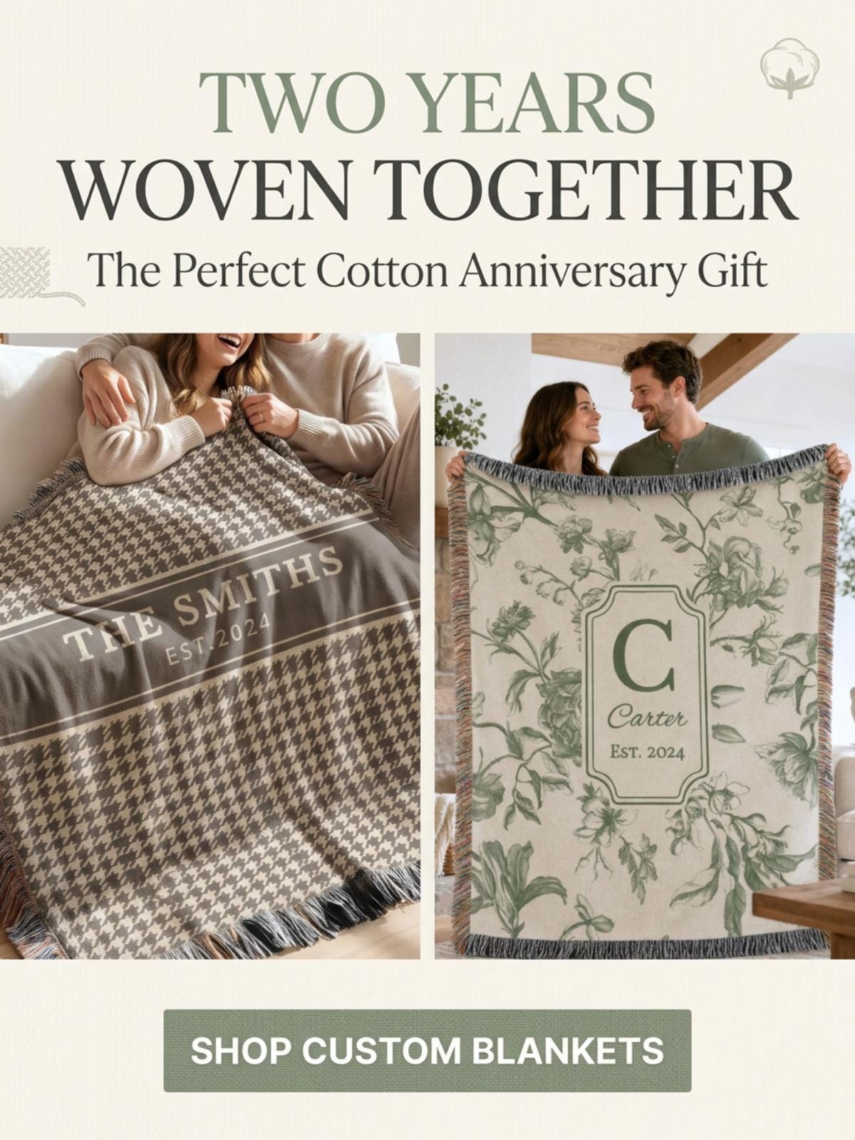 Personalized Cotton Anniversary Woven Blanket Custom Monogram Throw 2nd Anniversary Gift for Couple Floral Toile Housewarming Present - product image 17