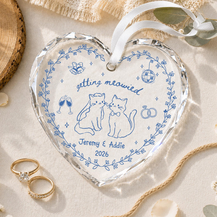 Custom Cat Couple Wedding Glass Ornament: Getting Meowied Heart Ornament, Cat Lover Married Keepsake, Funny Newlywed Gift, Engaged Gift - main product image