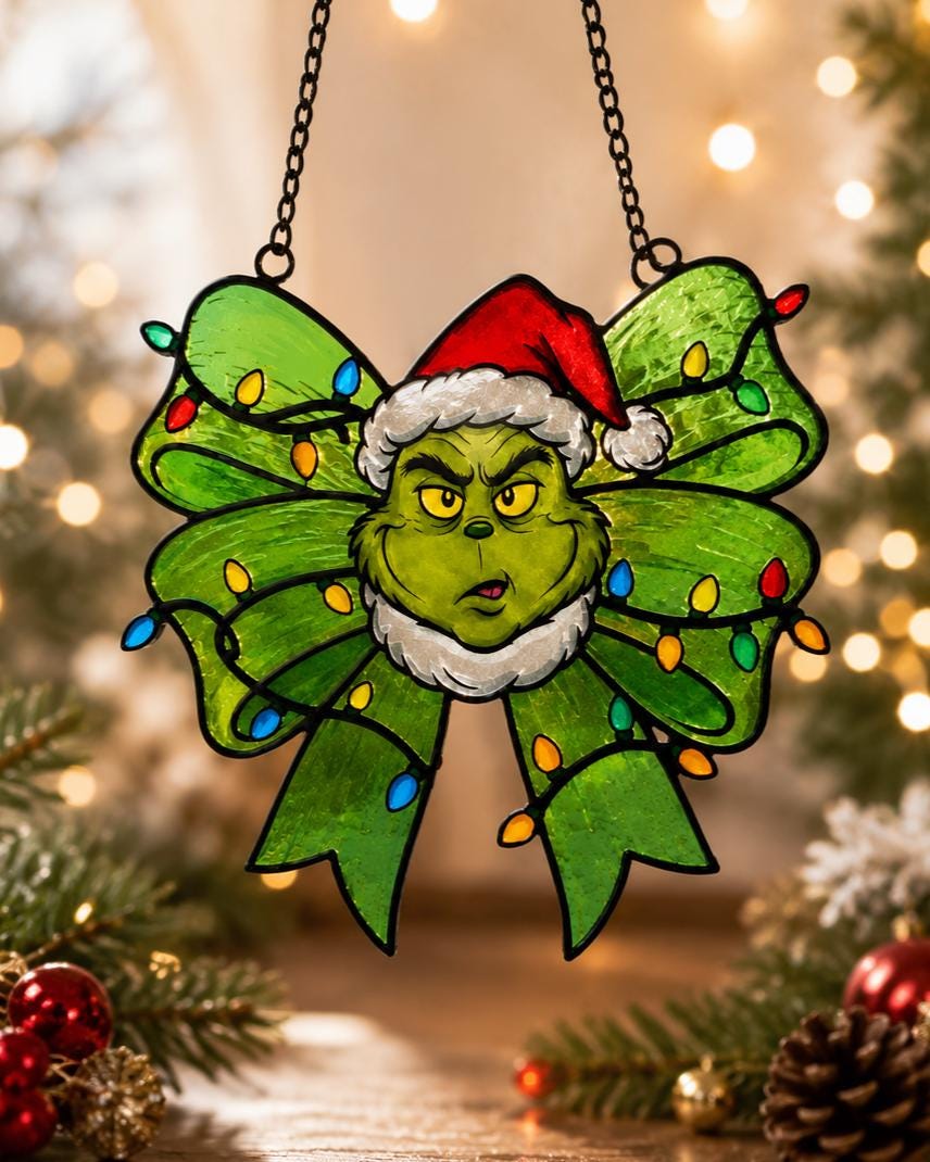 G/r.in.ch Christmas Bow Acrylic Window Decor, Festive Holiday Suncatcher, Unique Home Decoration, Seasonal Green Character Ornament - main product image
