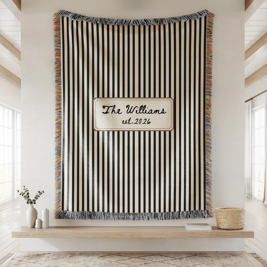 Personalized Family Name Blanket, Minimalist Wedding Gift, Bridal Shower Gifts, New Home Housewarming Gift for Couple, Custom Woven Throw - main product image