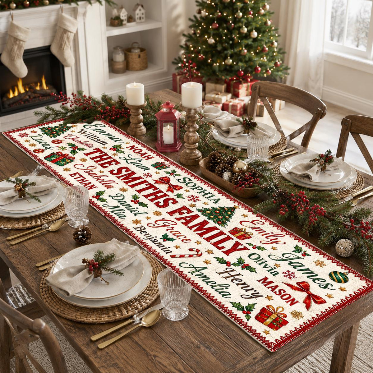 Personalized Christmas Table Runner, Custom Family Name Holiday Dining Decor, Christmas Dinner Tablecloth, Festive Home Accent, Gift 2026 - main product image