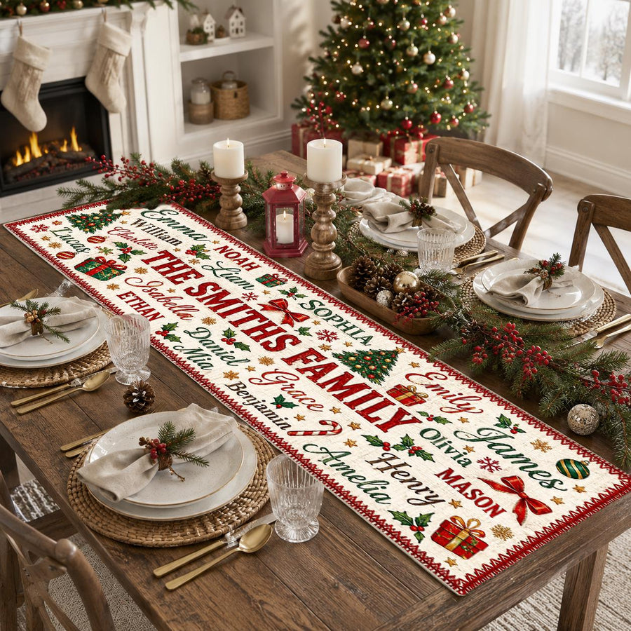 Personalized Christmas Table Runner, Custom Family Name Holiday Dining Decor, Christmas Dinner Tablecloth, Festive Home Accent, Gift 2026 - main product image