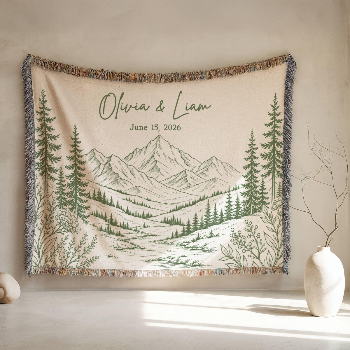 Personalized Mountain Woven Blanket, Custom Couple Name Date Throw, Forest Wedding Gift, Cotton Anniversary Gift for Couples Nature Lovers - product image 11