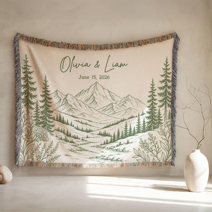 Personalized Mountain Woven Blanket, Custom Couple Name Date Throw, Forest Wedding Gift, Cotton Anniversary Gift for Couples Nature Lovers - product image 11