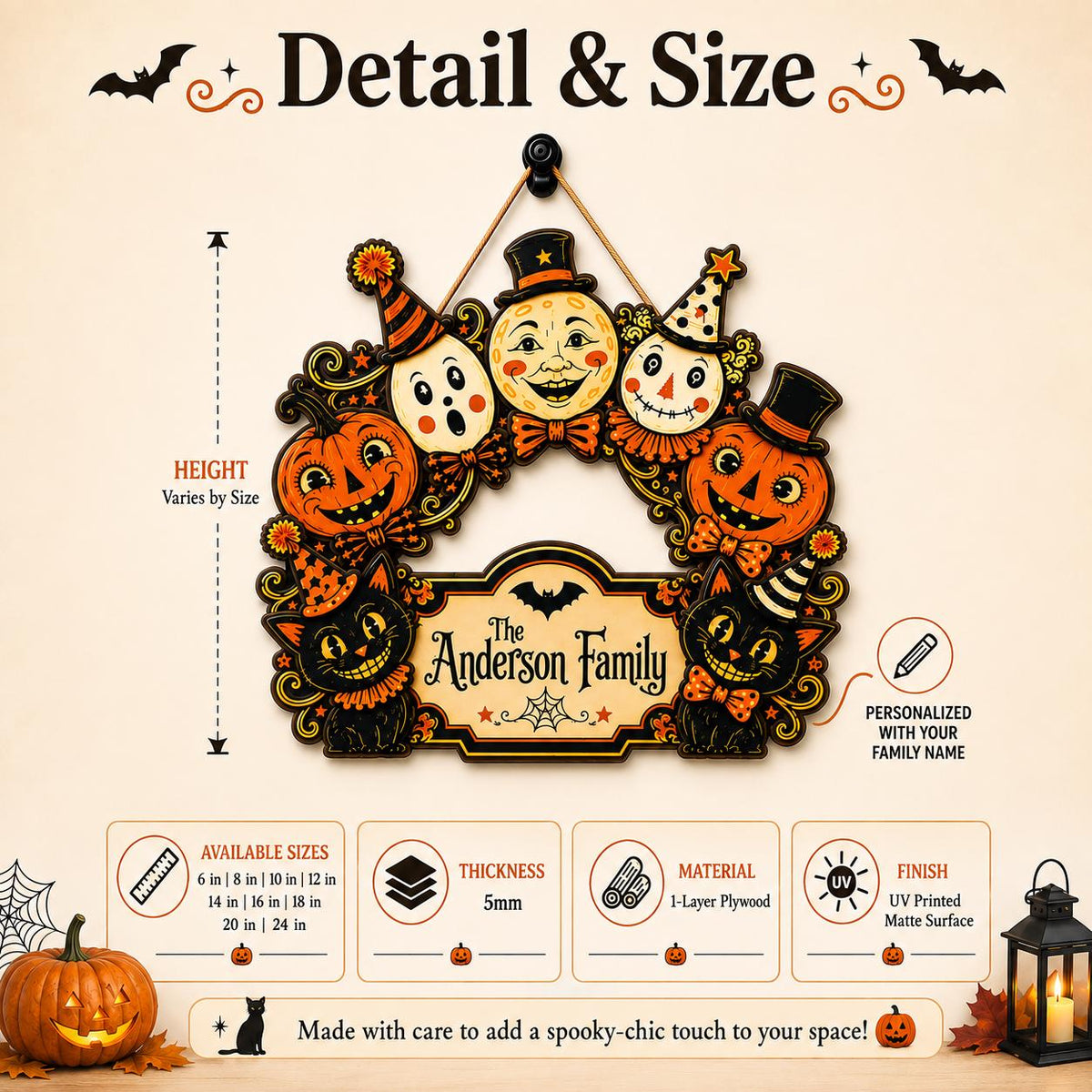 Personalized Halloween Door Sign, Custom Family Name Wooden Plaque, Vintage Jack O Lantern Black Cat Porch Decor, Halloween Front Door Sign - product image 5