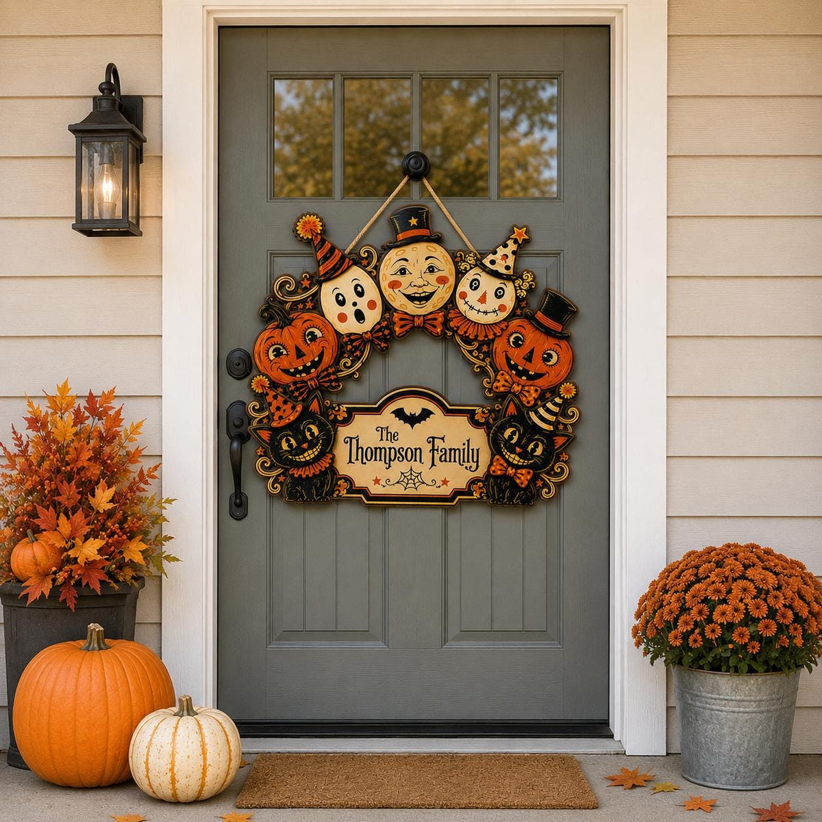 Personalized Halloween Door Sign, Custom Family Name Wooden Plaque, Vintage Jack O Lantern Black Cat Porch Decor, Halloween Front Door Sign - product image 2
