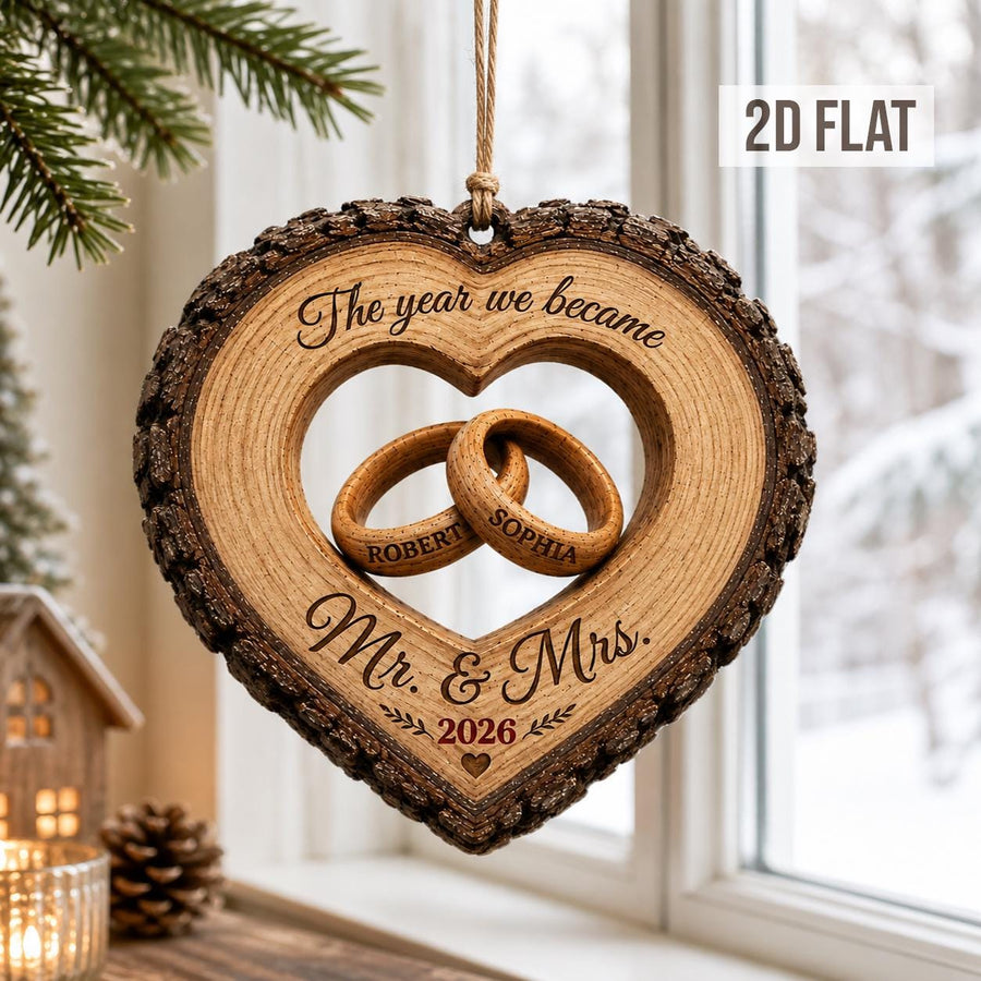 Custom Together Forever Couple Anniversary 2D Flat Ornament, Personalized First Christmas Wooden Ornament, The Year We Becam Mr Mrs Ornament - main product image