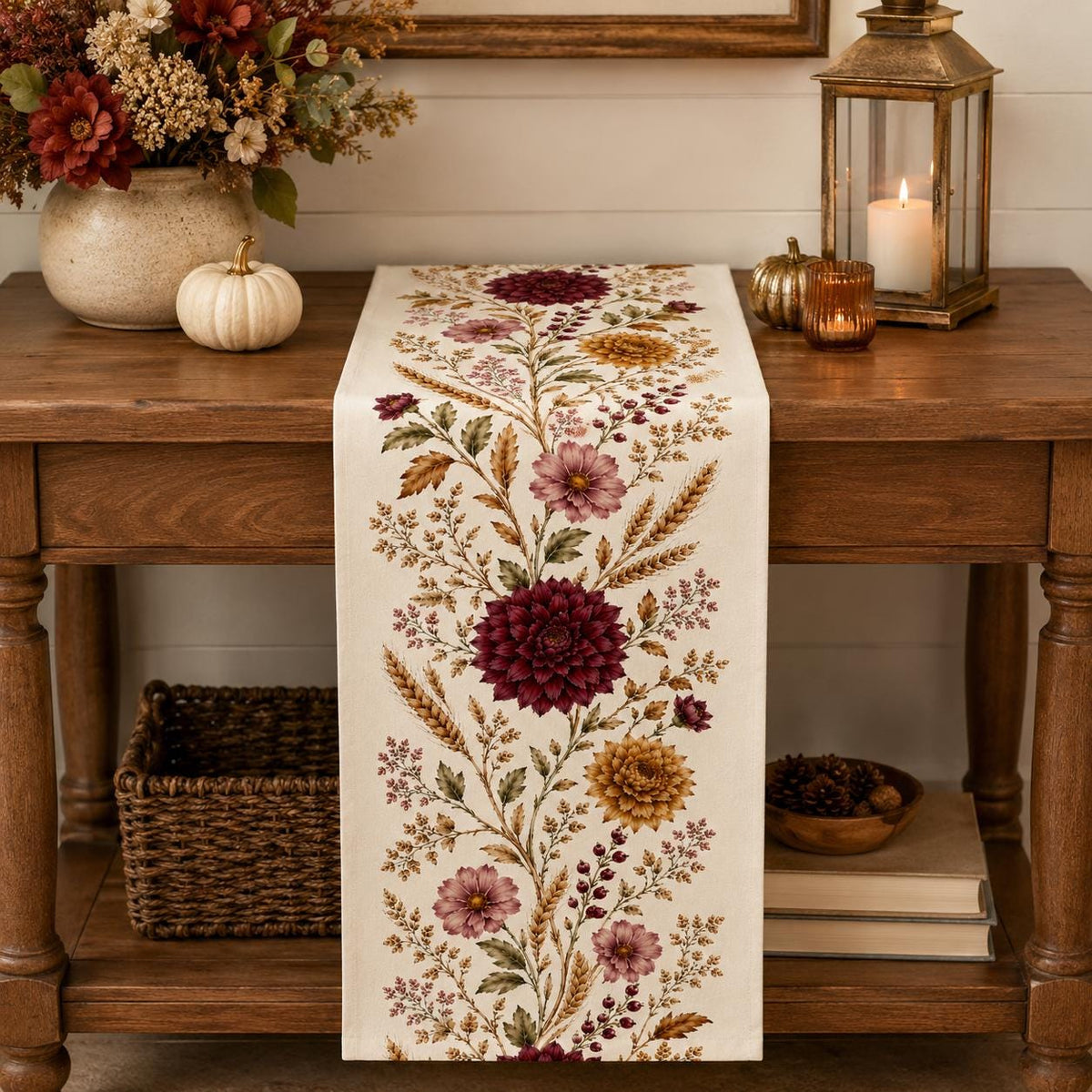 Burgundy Dahlia Table Runner, Vintage Fall Wheat Floral Runner, French Country Thanksgiving Decor - product image 5