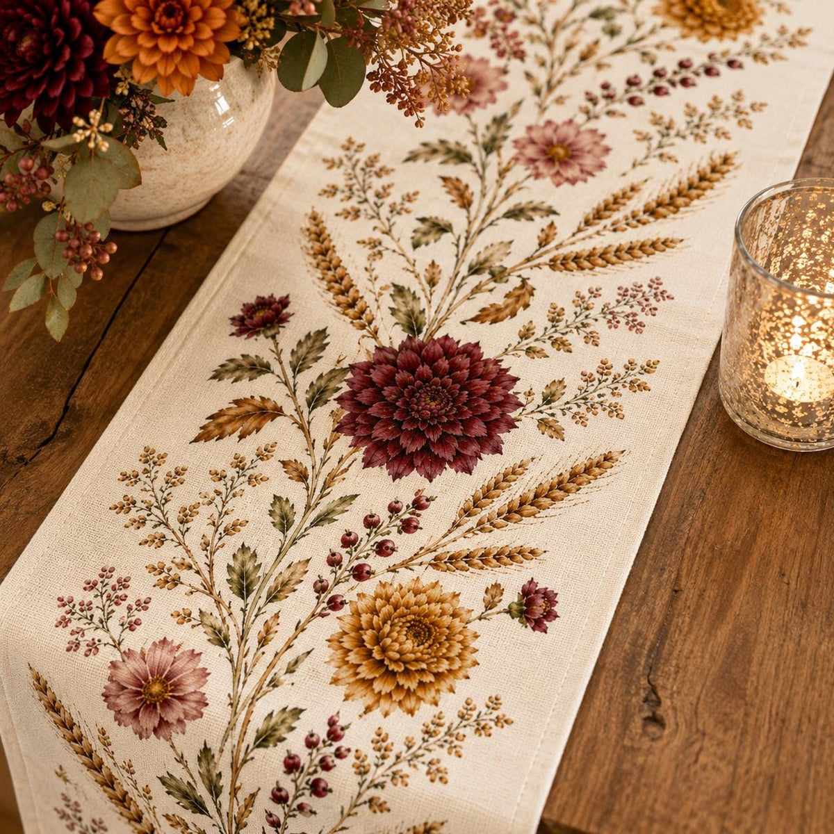 Burgundy Dahlia Table Runner, Vintage Fall Wheat Floral Runner, French Country Thanksgiving Decor - product image 4