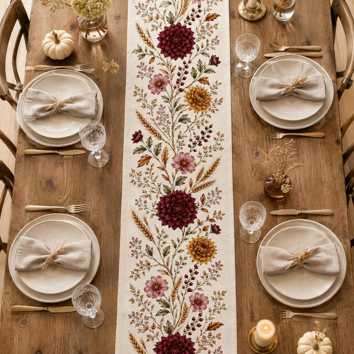 Burgundy Dahlia Table Runner, Vintage Fall Wheat Floral Runner, French Country Thanksgiving Decor - product image 3
