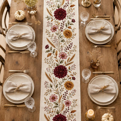 Burgundy Dahlia Table Runner, Vintage Fall Wheat Floral Runner, French Country Thanksgiving Decor - product image 3