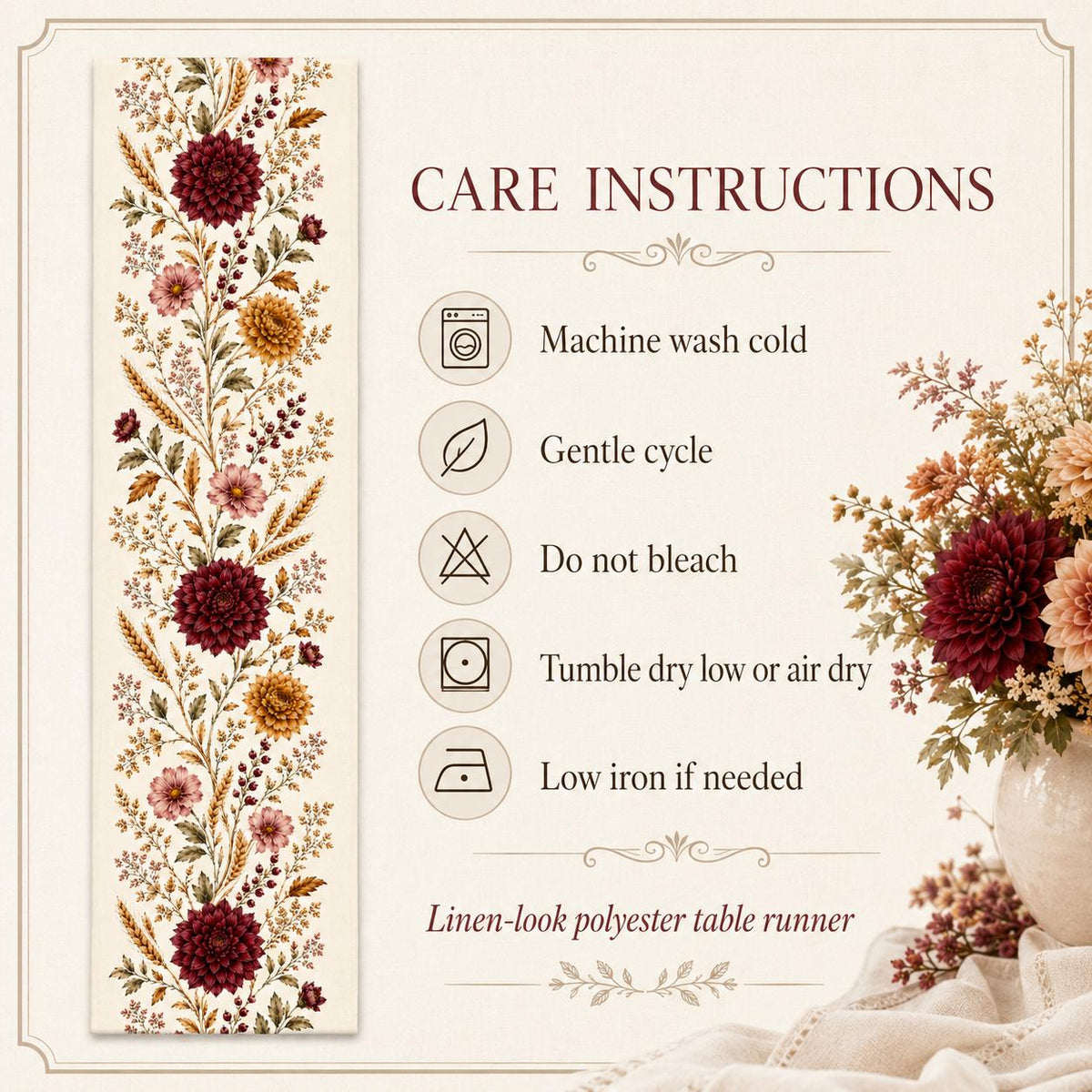 Burgundy Dahlia Table Runner, Vintage Fall Wheat Floral Runner, French Country Thanksgiving Decor - product image 9