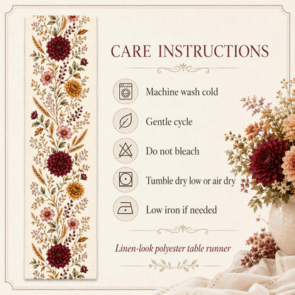 Burgundy Dahlia Table Runner, Vintage Fall Wheat Floral Runner, French Country Thanksgiving Decor - product image 9