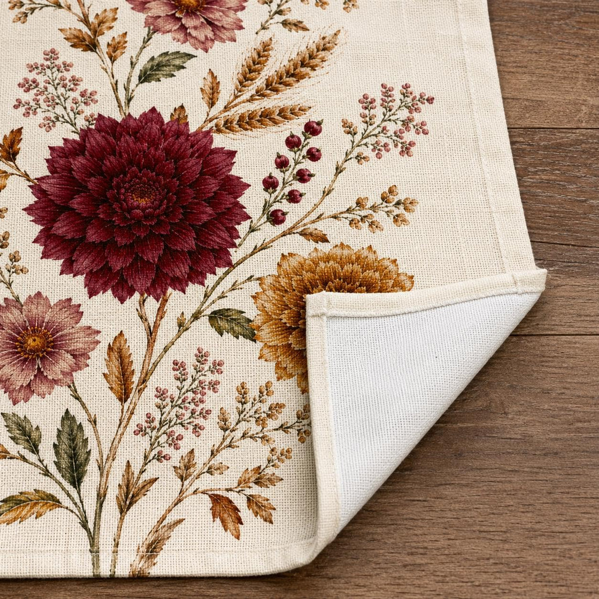 Burgundy Dahlia Table Runner, Vintage Fall Wheat Floral Runner, French Country Thanksgiving Decor - product image 8