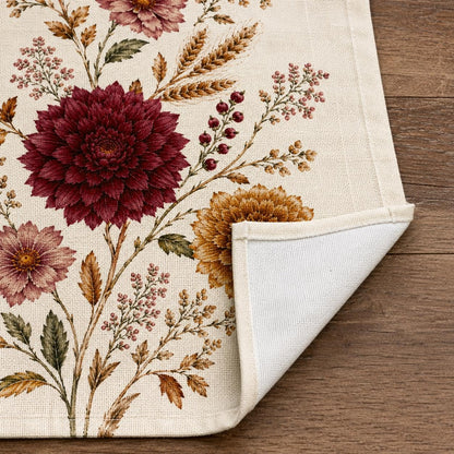 Burgundy Dahlia Table Runner, Vintage Fall Wheat Floral Runner, French Country Thanksgiving Decor - product image 8