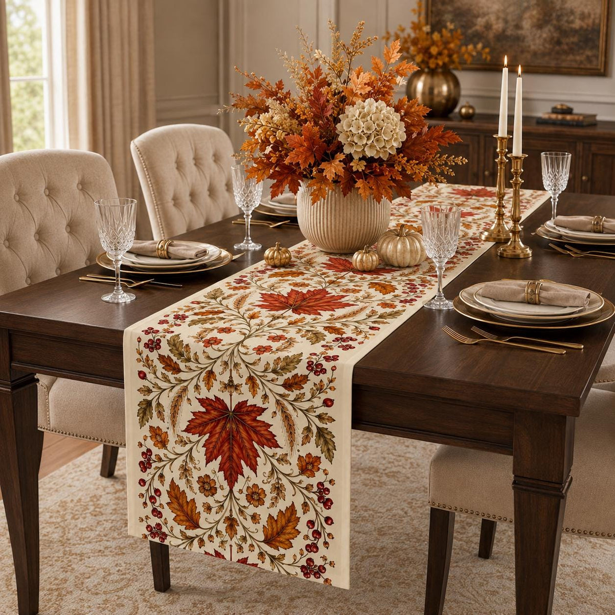 Autumn Maple Leaf Table Runner, Red Berry Botanical Runner, Vintage Thanksgiving Fall Decor, French Country Dining - product image 2