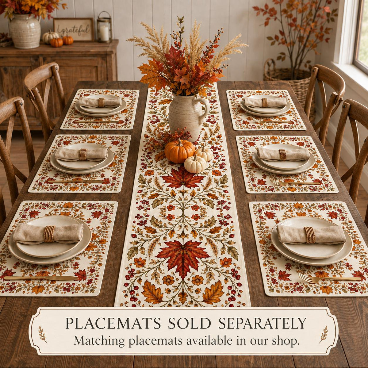 Autumn Maple Leaf Table Runner, Red Berry Botanical Runner, Vintage Thanksgiving Fall Decor, French Country Dining - product image 6