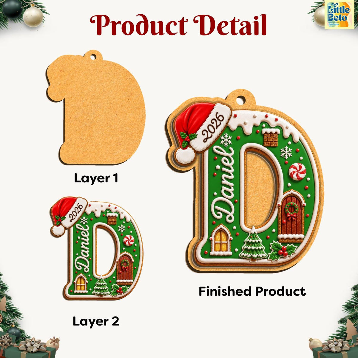 Personalized Gingerbread Letter 2-Layered Wooden Ornament, Custom Kids Name Alphabet Ornament, Stocking Tag for Christmas, Grandkids Gifts - product image 6