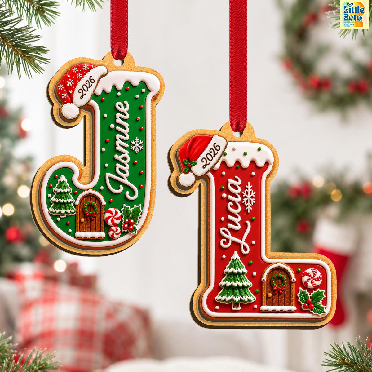 Personalized Gingerbread Letter 2-Layered Wooden Ornament, Custom Kids Name Alphabet Ornament, Stocking Tag for Christmas, Grandkids Gifts - product image 2
