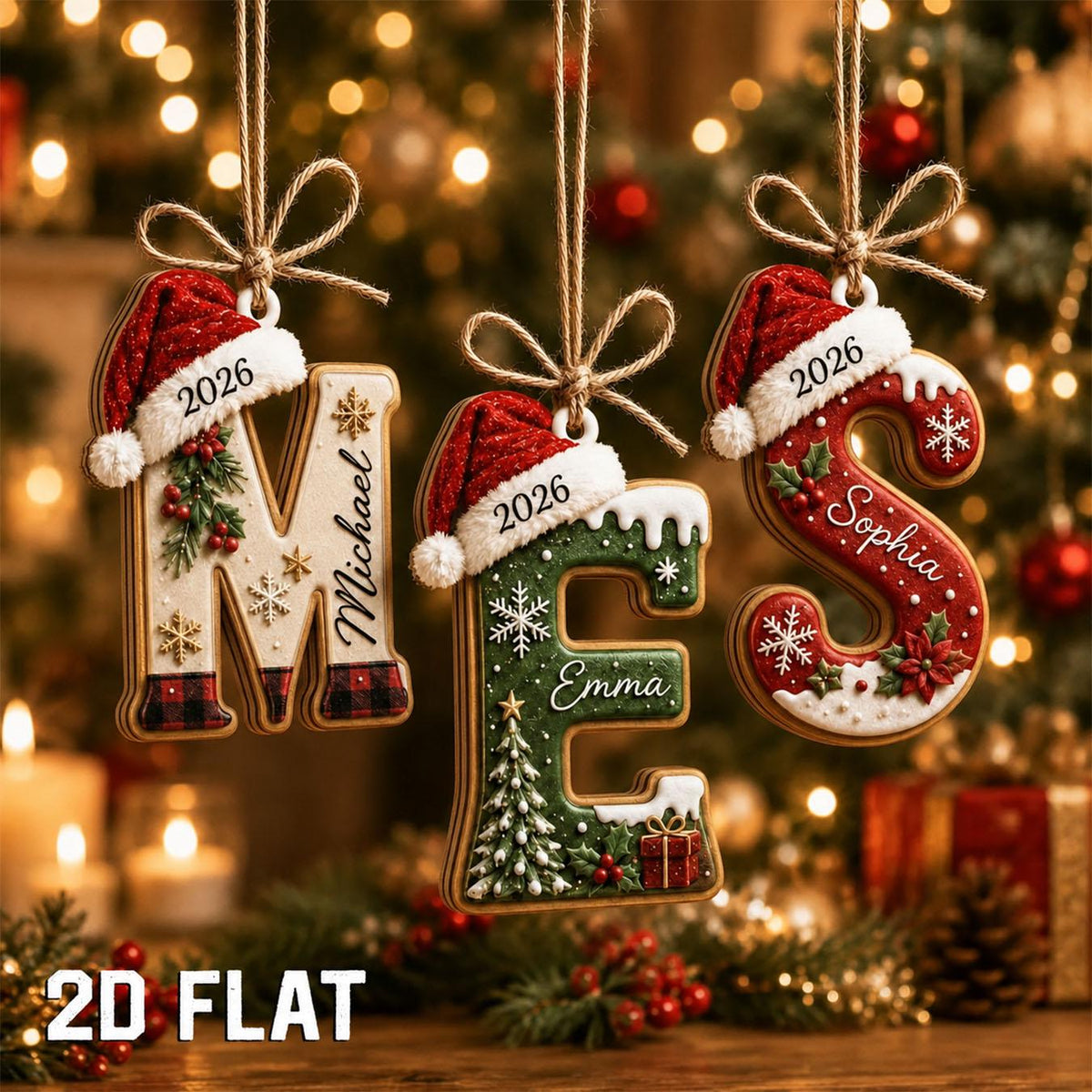 Personalized 2D Flat Initial Christmas Ornament, Custom Name Wooden Ornament, Monogram Letter Gift, Family Christmas Keepsake - main product image